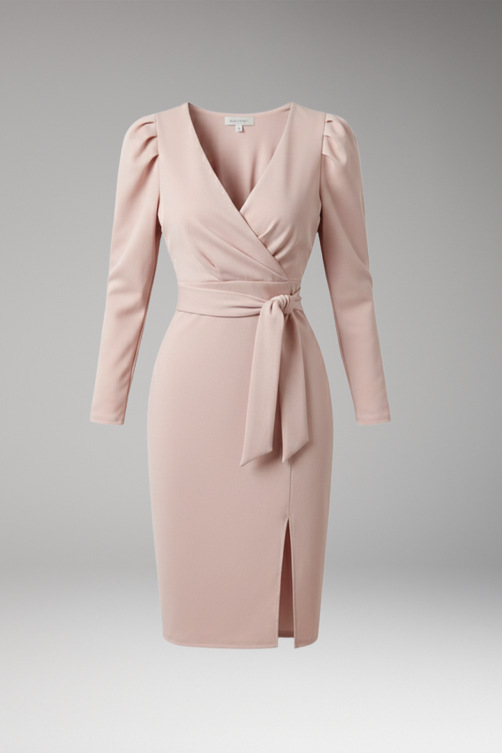 Women's Midi Dress with Waist Tie and Long Sleeves