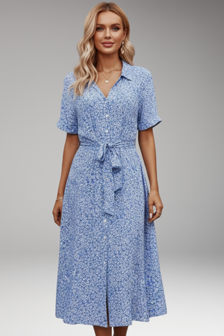 Women's Midi Shirt Dress with V Neck and Waist Tie