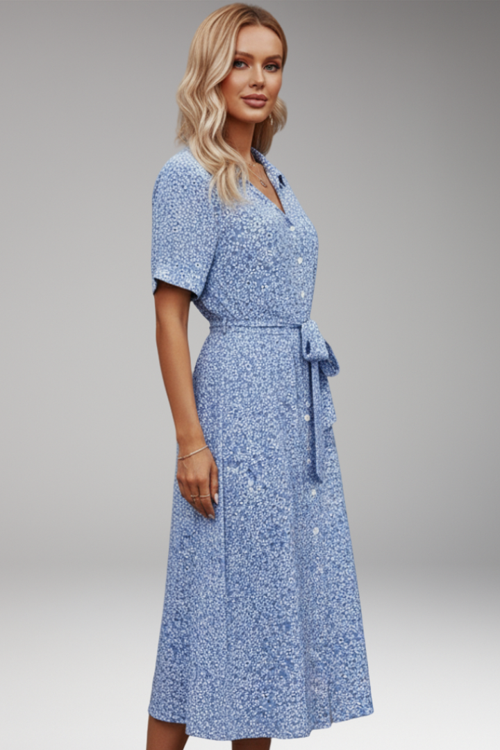 Women's Midi Shirt Dress with V Neck and Waist Tie