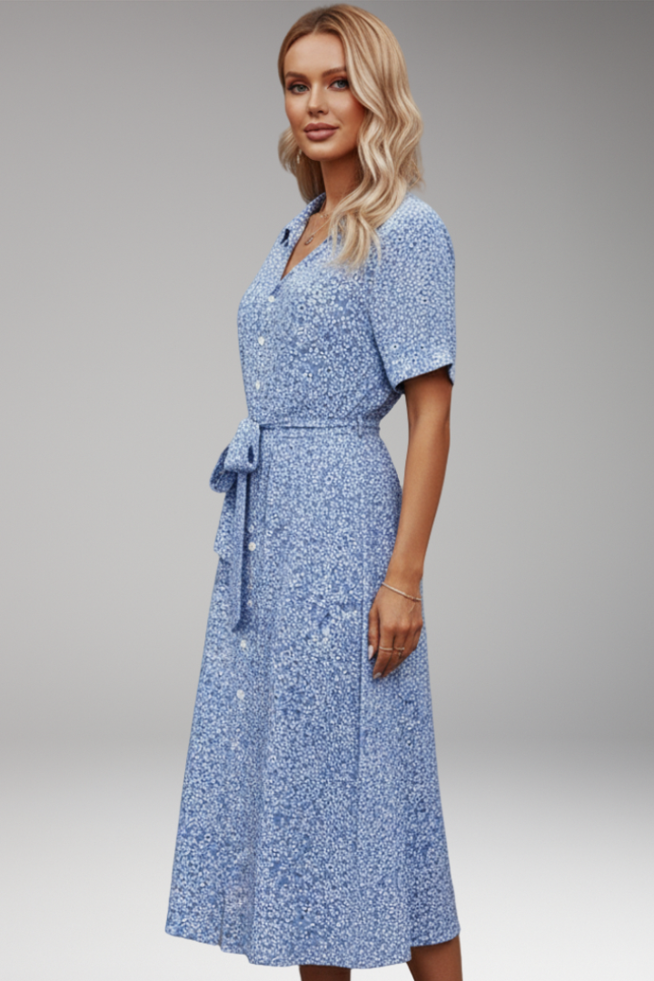 Women's Midi Shirt Dress with V Neck and Waist Tie