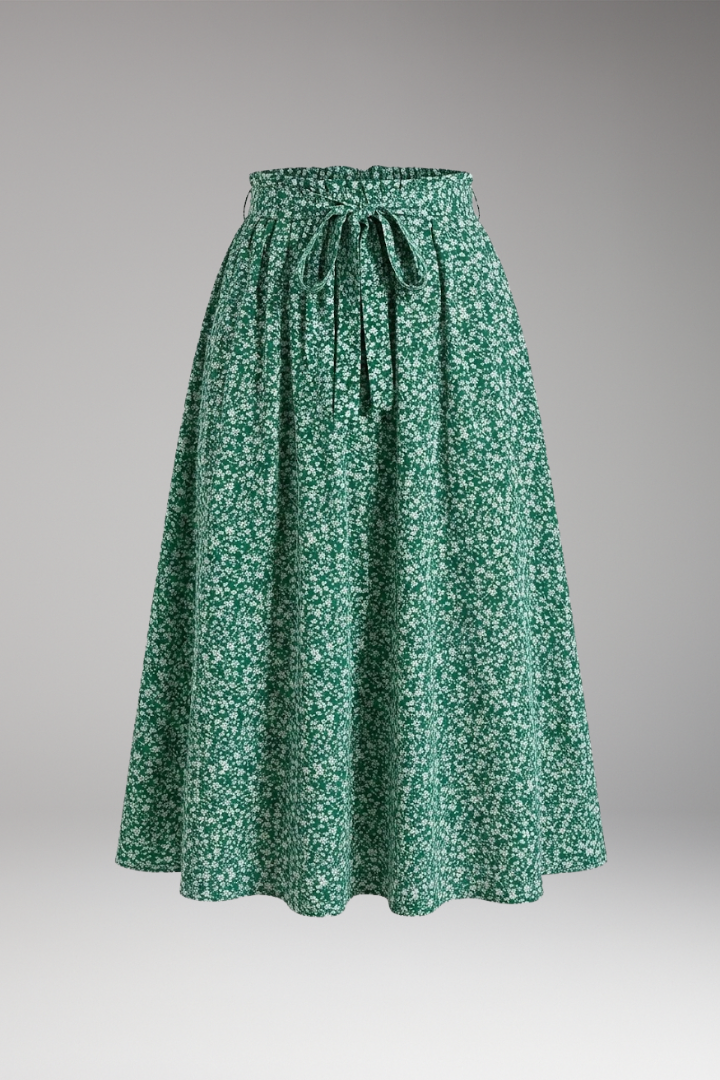 Women’s Midi Skirt with High Waist and Floral Print
