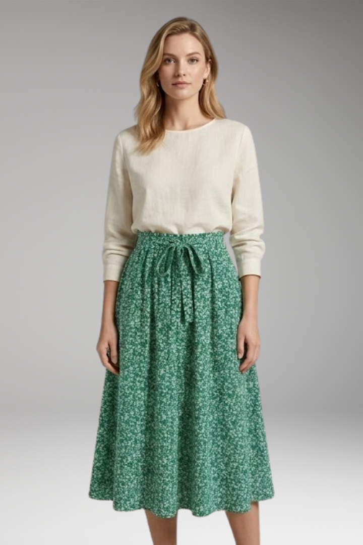 Women’s Midi Skirt with High Waist and Floral Print