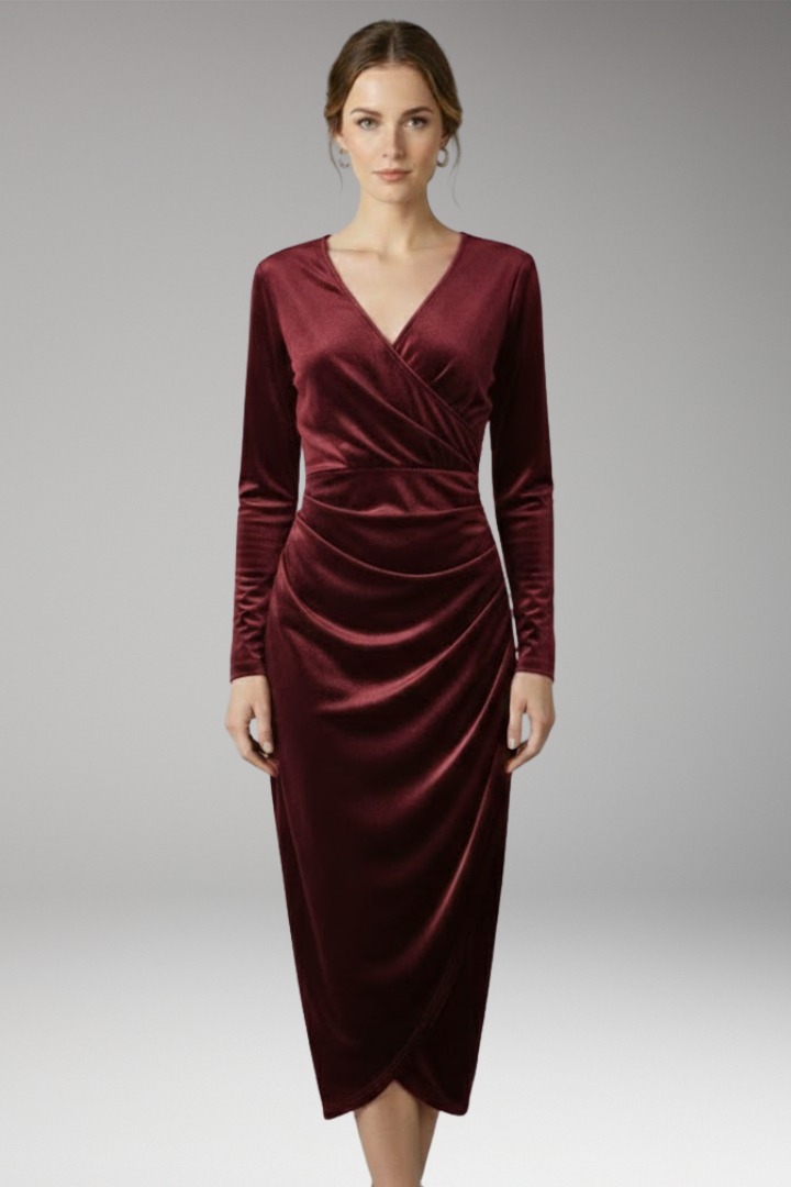 Women's Midi Velvet Dress with Flowing Silhouette and Stylish Accents