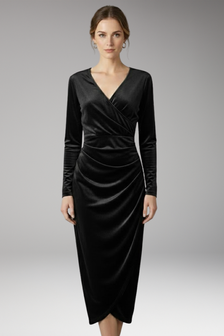 Women's Midi Velvet Dress with Flowing Silhouette and Stylish Accents