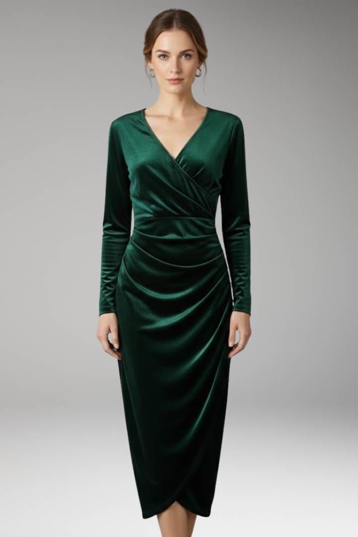 Women's Midi Velvet Dress with Flowing Silhouette and Stylish Accents