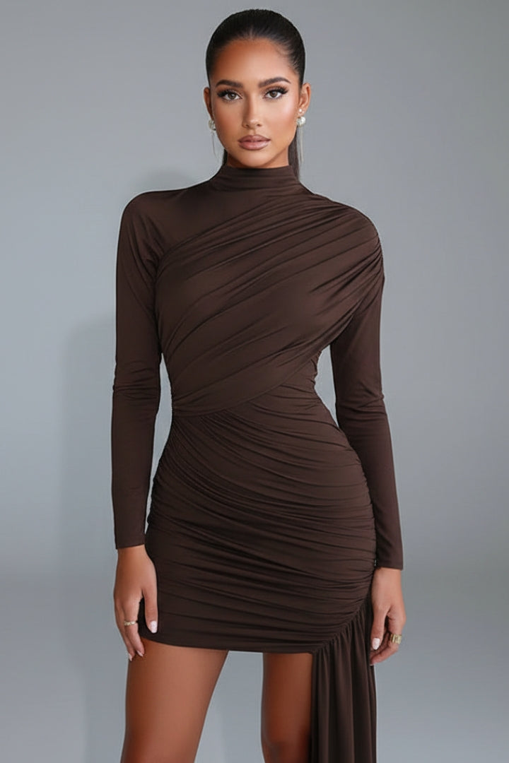 Women's Mini Dress with Asymmetrical Skirt and Stand-Up Collar