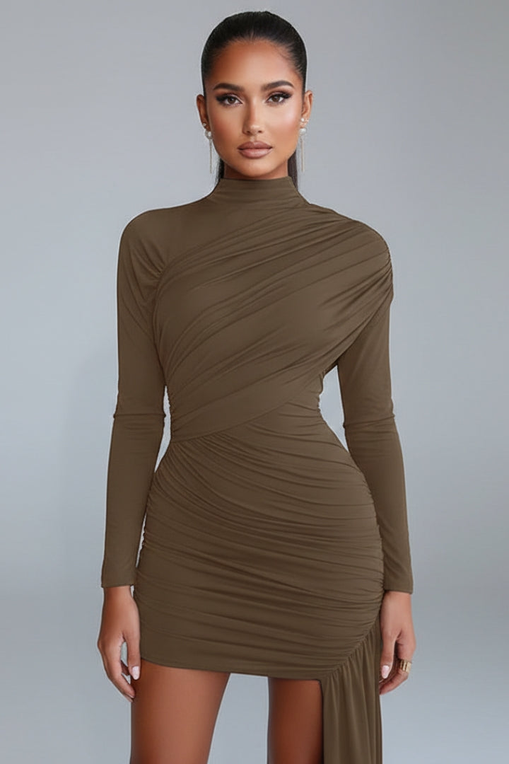 Women's Mini Dress with Asymmetrical Skirt and Stand-Up Collar