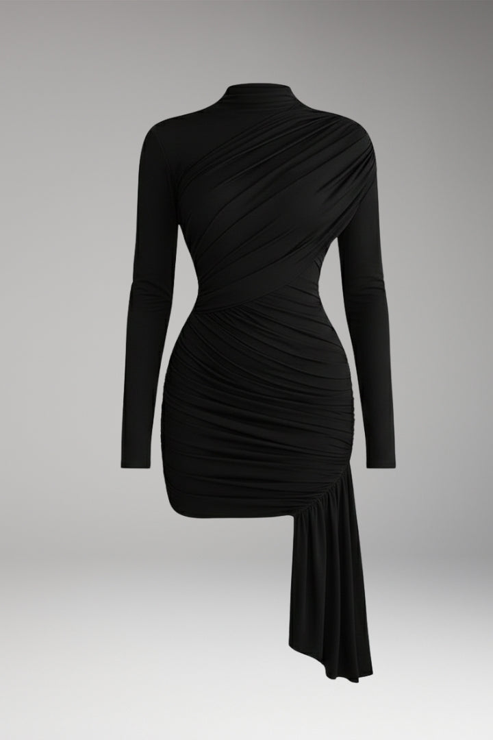 Women's Mini Dress with Asymmetrical Skirt and Stand-Up Collar