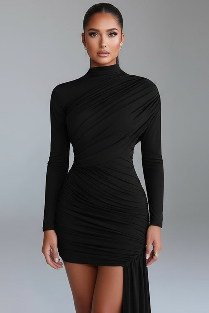 Women's Mini Dress with Asymmetrical Skirt and Stand-Up Collar