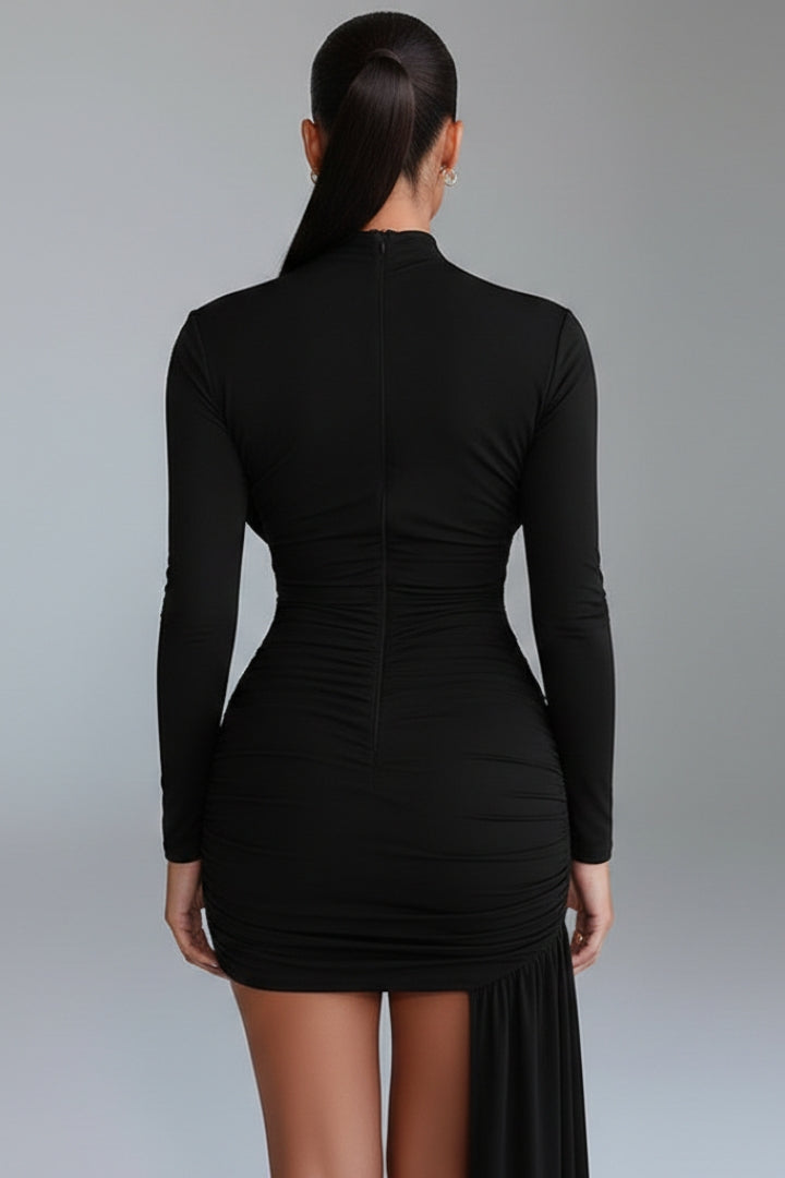 Women's Mini Dress with Asymmetrical Skirt and Stand-Up Collar