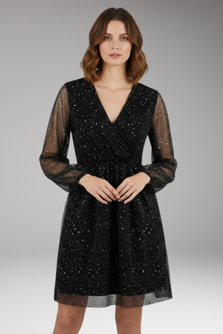 Women's Mini Dress with Balloon Sleeves and Surplice Neckline