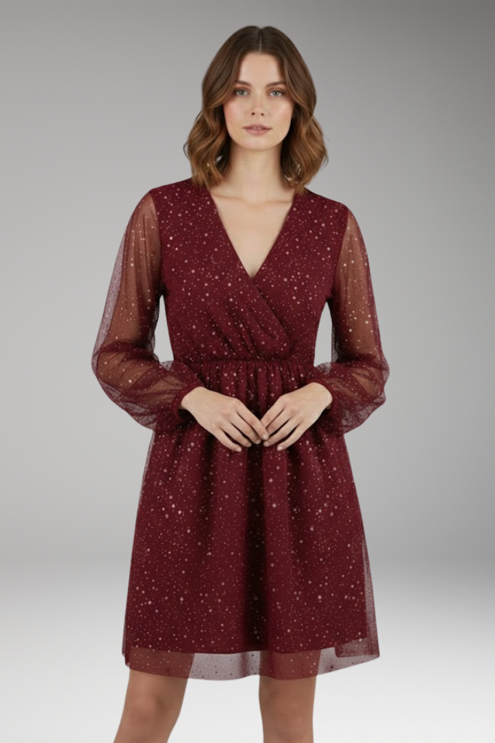 Women's Mini Dress with Balloon Sleeves and Surplice Neckline