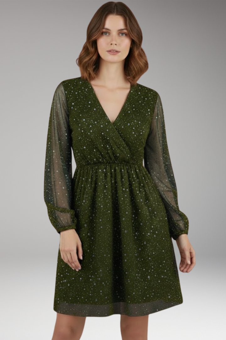 Women's Mini Dress with Balloon Sleeves and Surplice Neckline