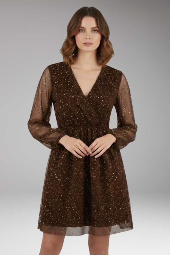 Women's Mini Dress with Balloon Sleeves and Surplice Neckline