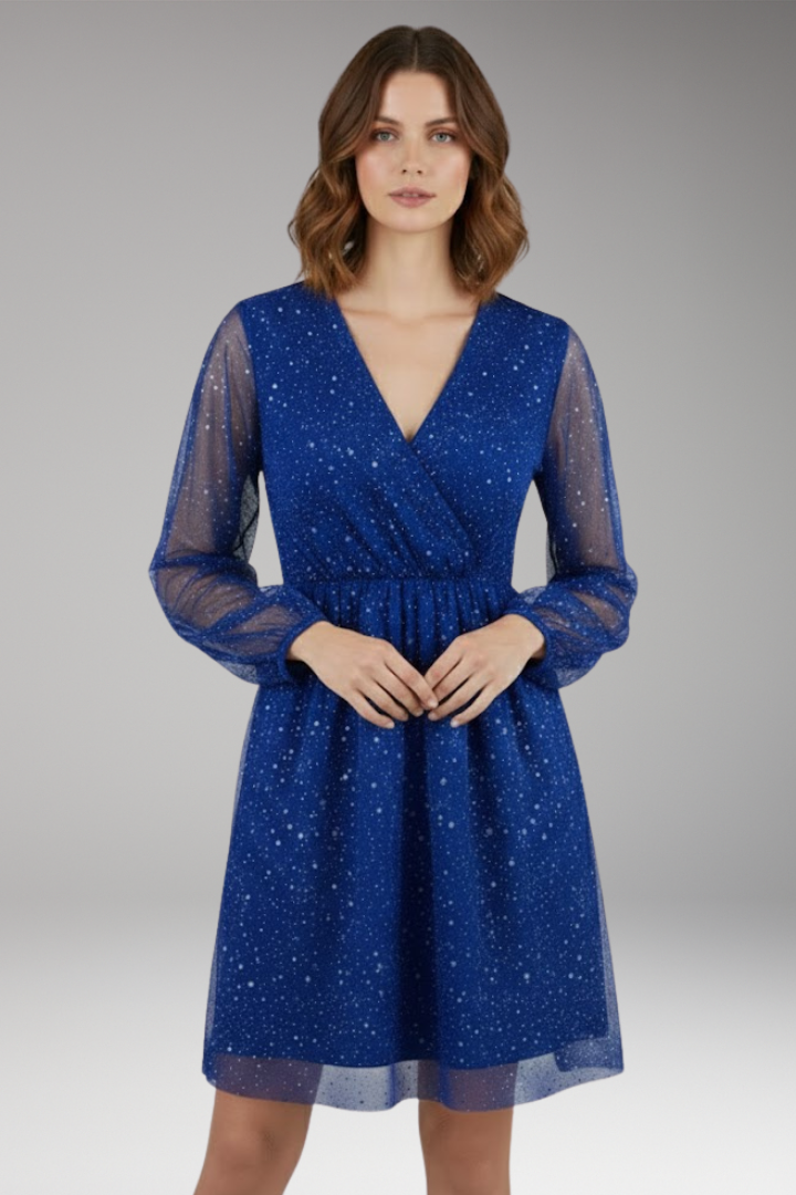 Women's Mini Dress with Balloon Sleeves and Surplice Neckline