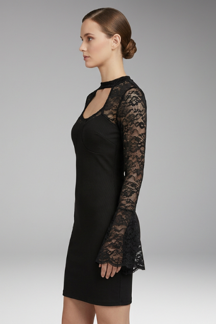 Women's Mini Dress with Lace Trim and High Collar