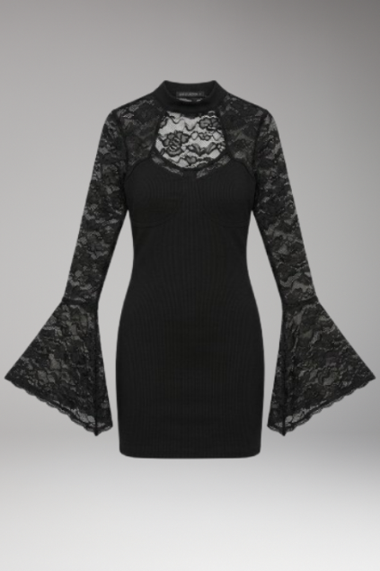 Women's Mini Dress with Lace Trim and High Collar