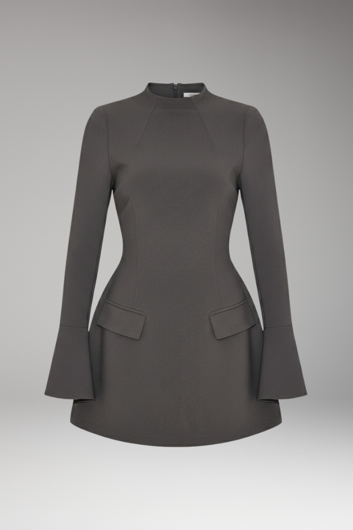 Women's Mini Dress with Long Sleeves and Stand-Up Collar