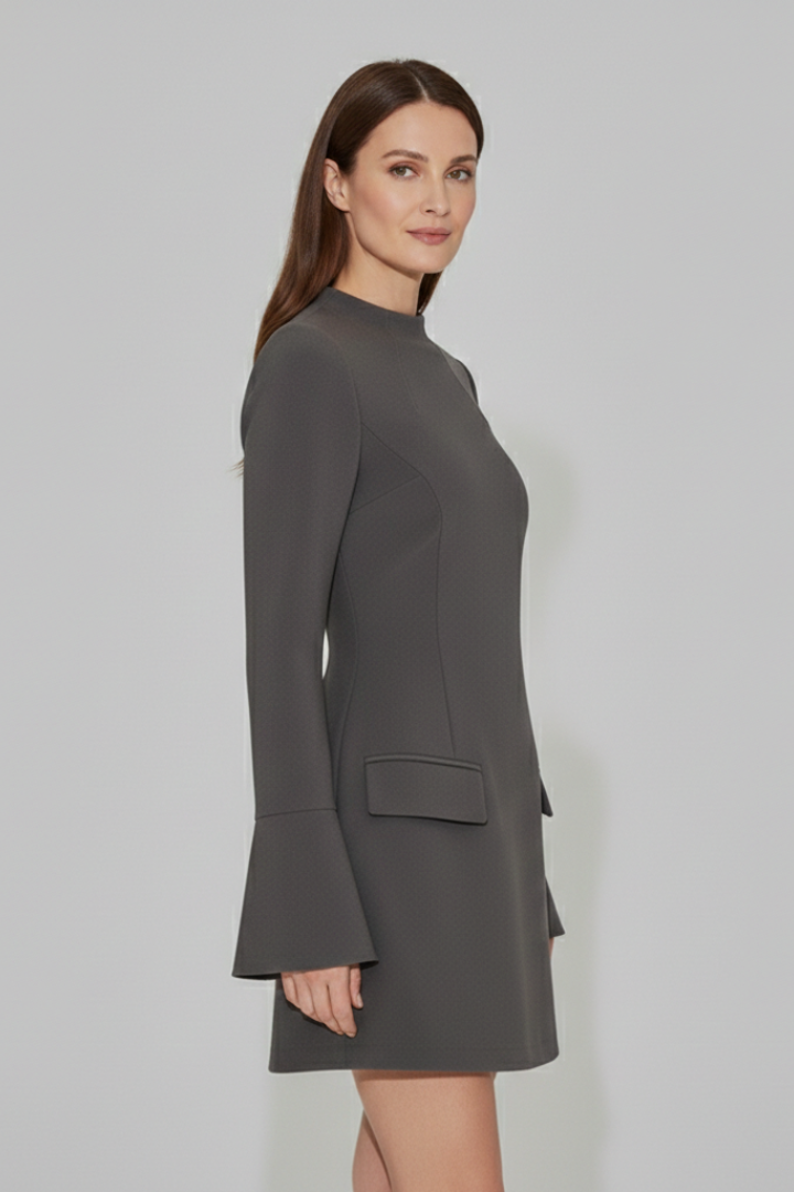 Women's Mini Dress with Long Sleeves and Stand-Up Collar