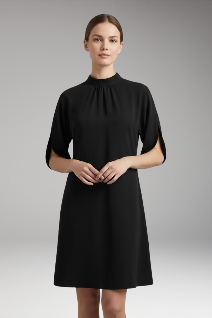 Women's Mini Dress with Mock Neck and Short Slit Sleeves