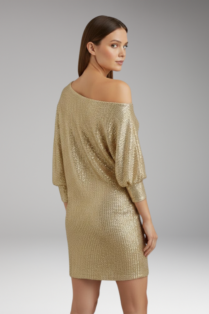 Women's Mini Dress with Sequin Shoulders and Off-the-Shoulder Design