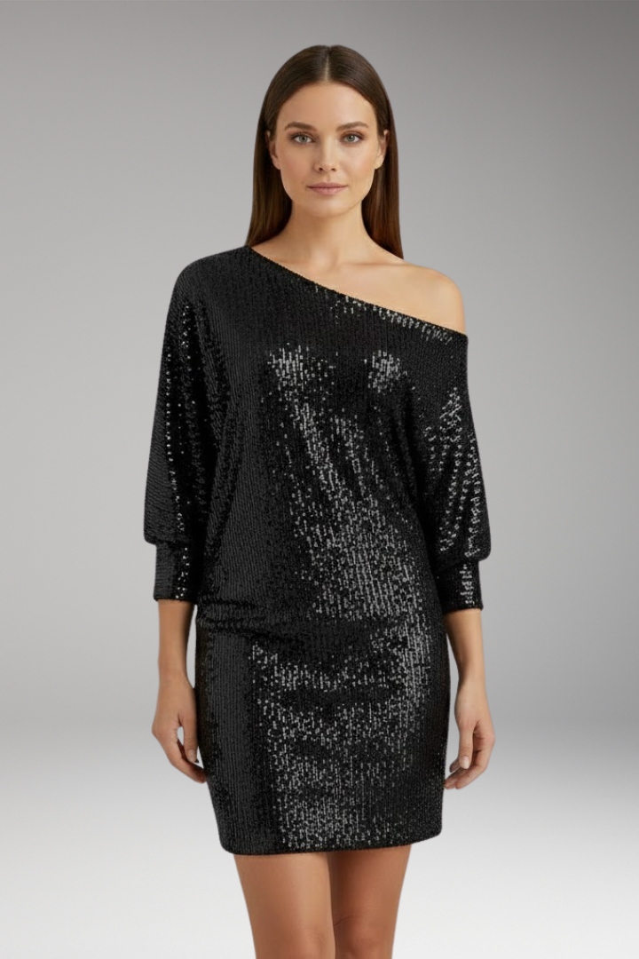 Women's Mini Dress with Sequin Shoulders and Off-the-Shoulder Design