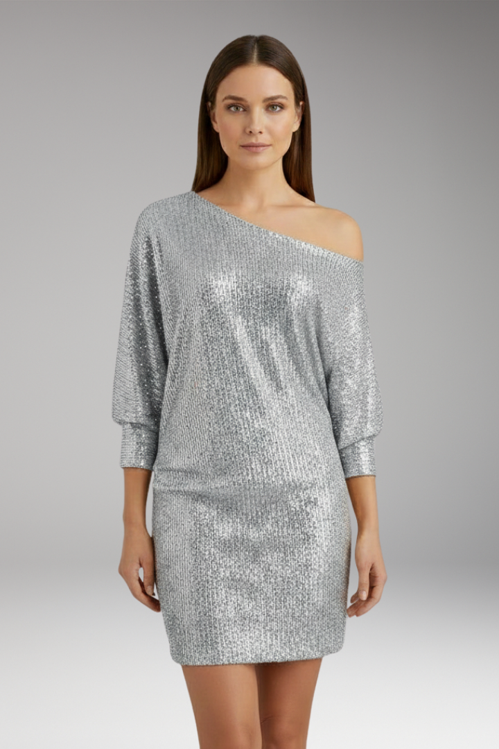 Women's Mini Dress with Sequin Shoulders and Off-the-Shoulder Design