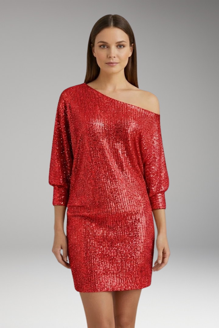 Women's Mini Dress with Sequin Shoulders and Off-the-Shoulder Design