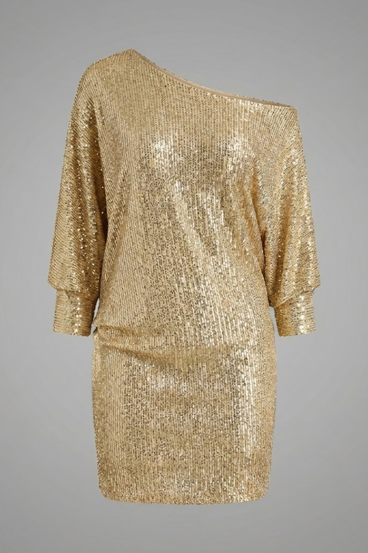 Women's Mini Dress with Sequin Shoulders and Off-the-Shoulder Design