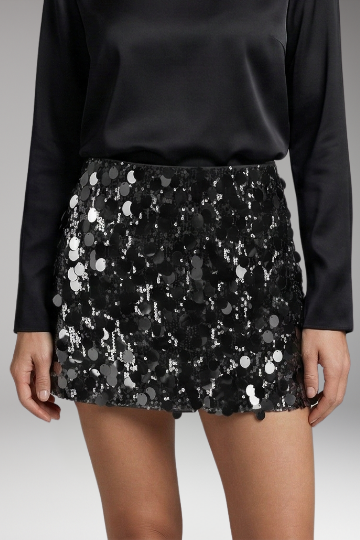 Women’s Mini Skirt with Fitted Waistband and Sequin Surface