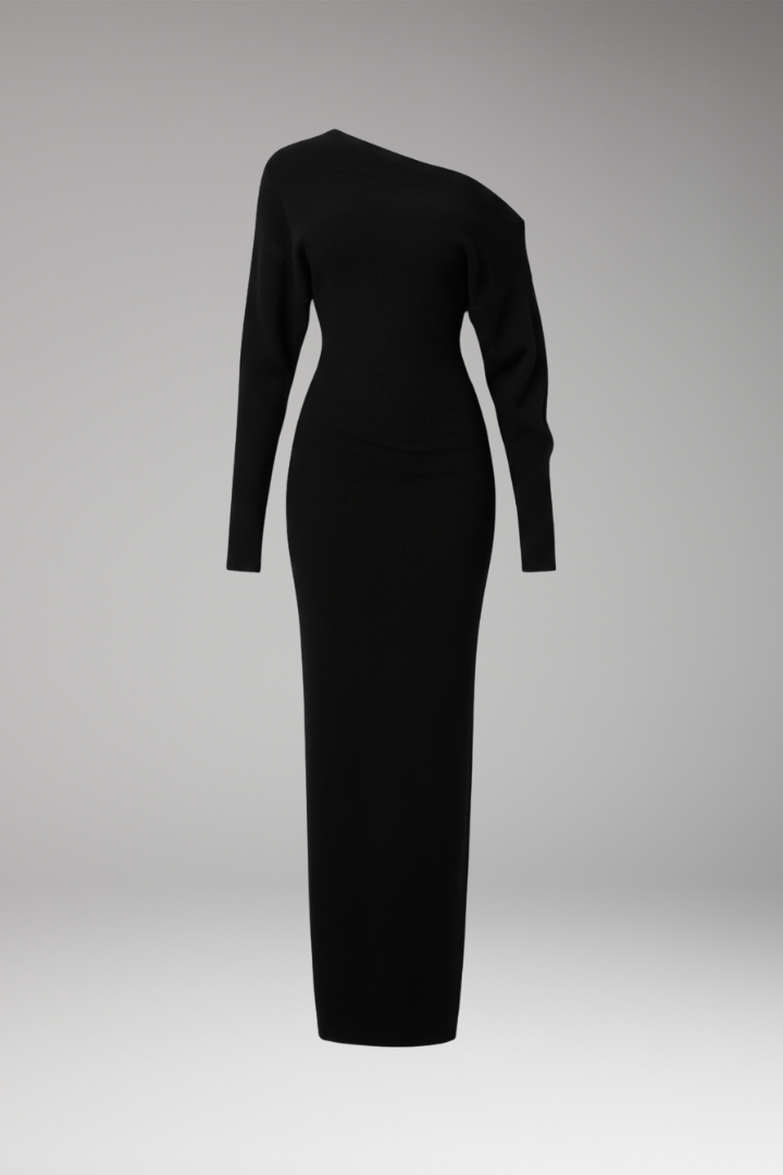 Women’s Off-Shoulder Dress with Knit Surface and Fitted Shape