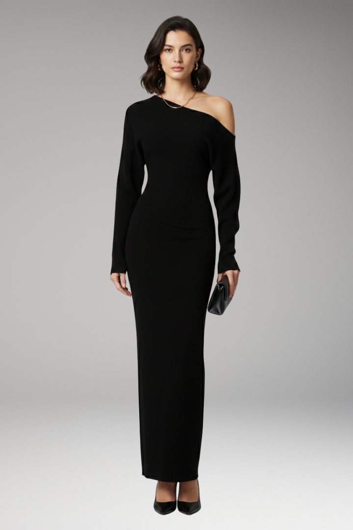 Women’s Off-Shoulder Dress with Knit Surface and Fitted Shape