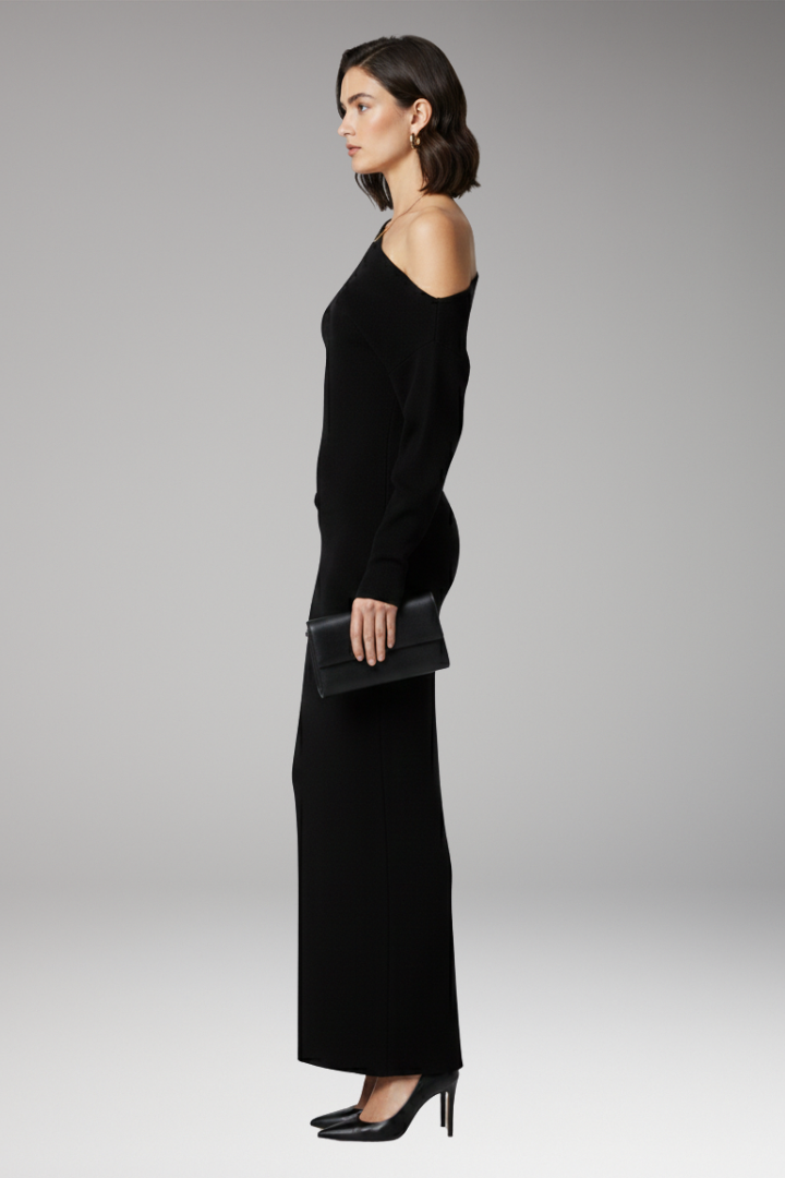 Women’s Off-Shoulder Dress with Knit Surface and Fitted Shape
