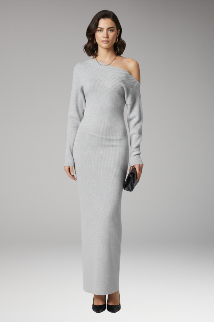 Women’s Off-Shoulder Dress with Knit Surface and Fitted Shape