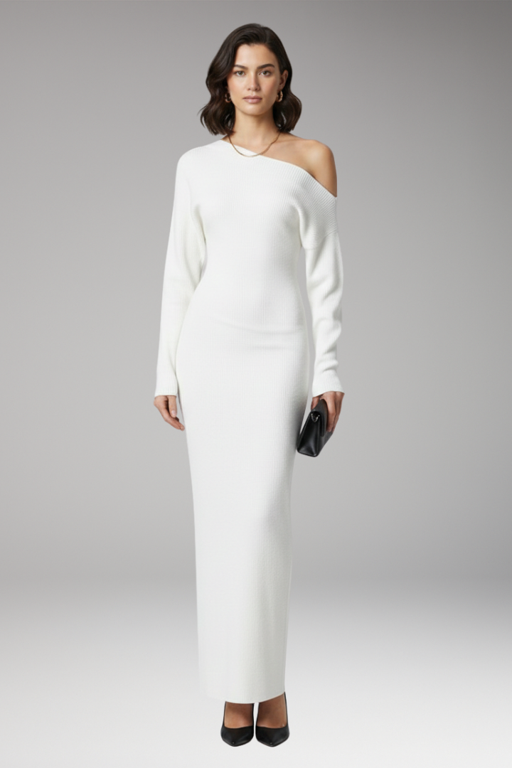 Women’s Off-Shoulder Dress with Knit Surface and Fitted Shape
