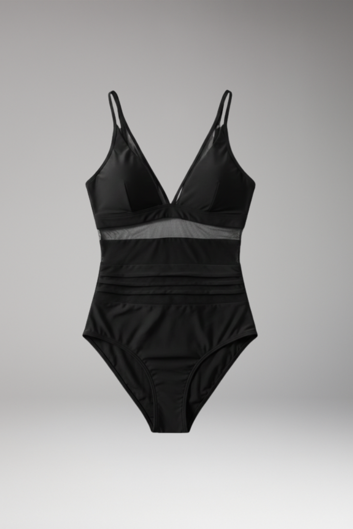 Women’s One-Piece Swimsuit with Mesh Detail and Adjustable Straps