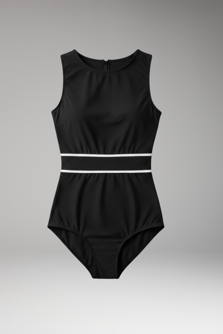 Women’s One-Piece Swimsuit with Round Neckline and Striped Waist Detail