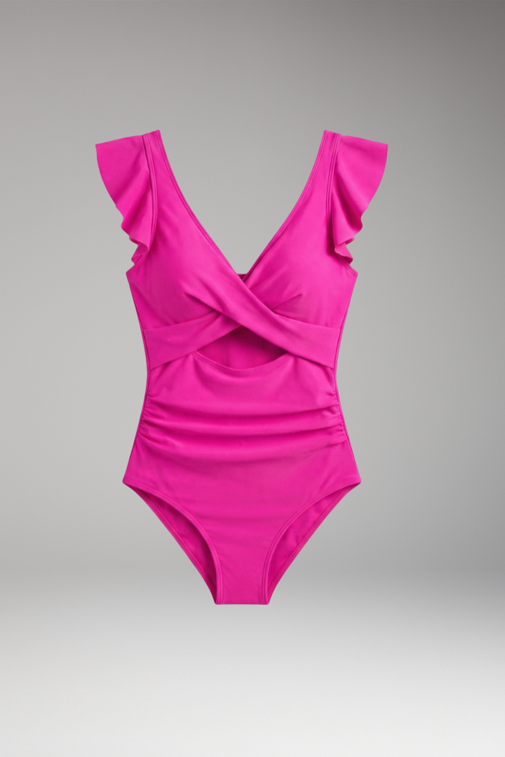 Women's One-Piece Swimsuit with Ruffled Sleeves and Cut-Out Waist