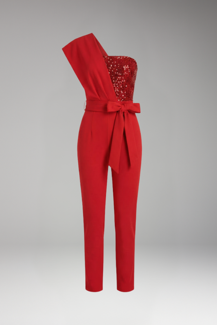 Women's One Shoulder Jumpsuit with Waist Tie