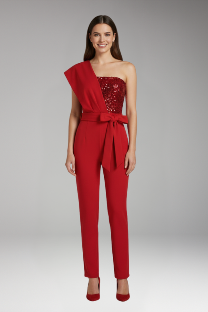 Women's One Shoulder Jumpsuit with Waist Tie