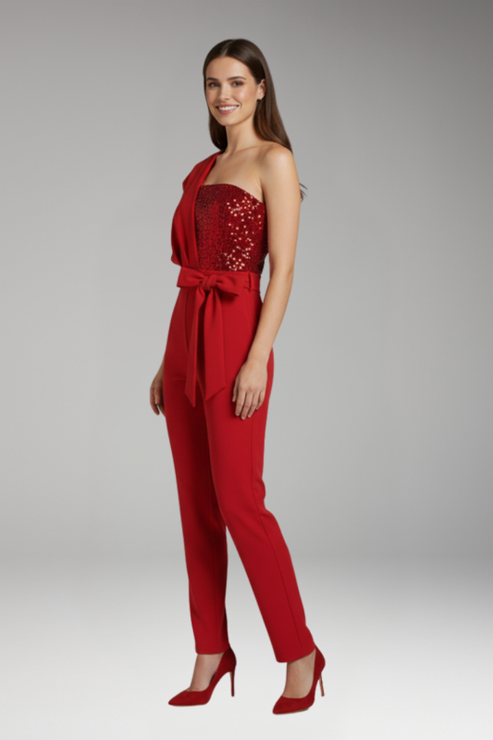 Women's One Shoulder Jumpsuit with Waist Tie