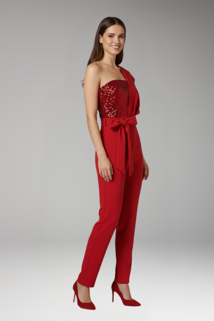 Women's One Shoulder Jumpsuit with Waist Tie
