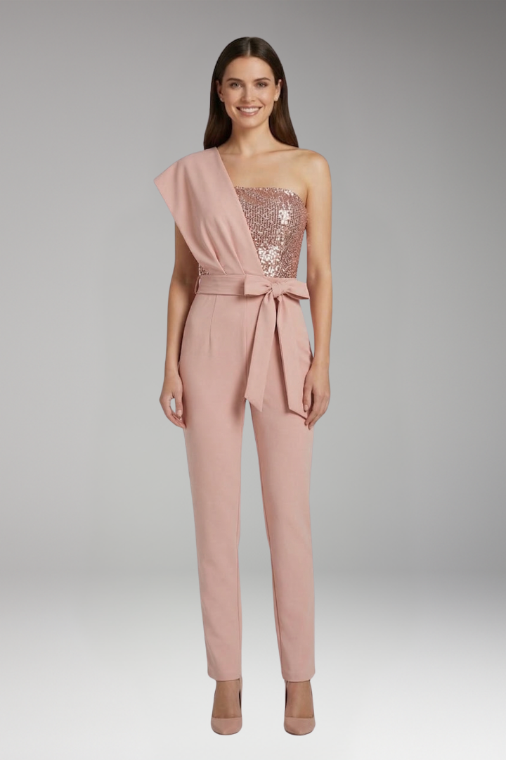 Women's One Shoulder Jumpsuit with Waist Tie