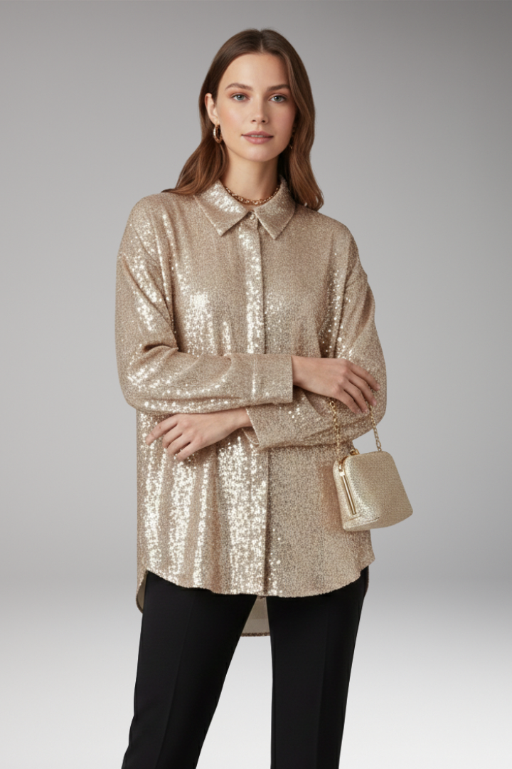 Women’s Oversized Blouse with Sequined Surface and Structured Cut