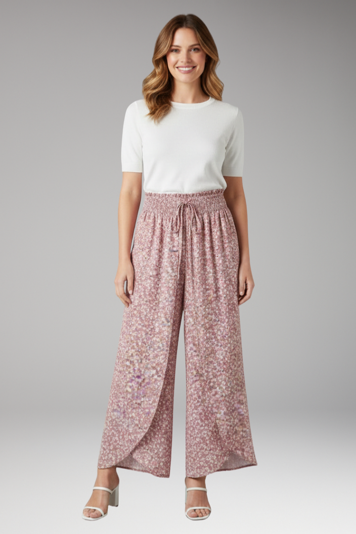 Women's Palazzo Trousers with Elastic Waist and Pattern