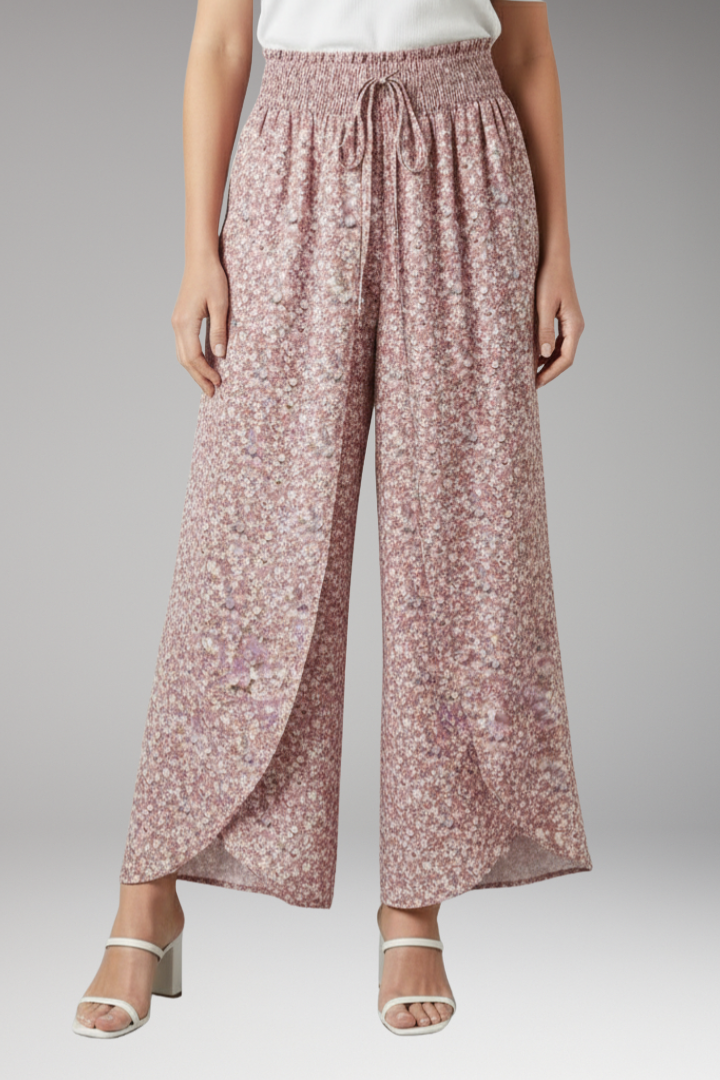 Women's Palazzo Trousers with Elastic Waist and Pattern