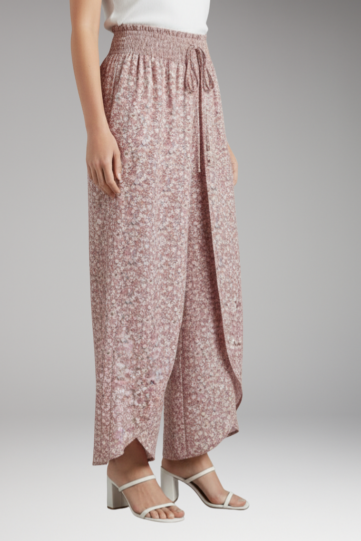 Women's Palazzo Trousers with Elastic Waist and Pattern
