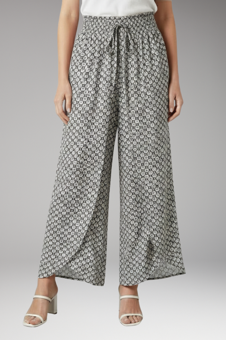 Women's Palazzo Trousers with Elastic Waist and Pattern