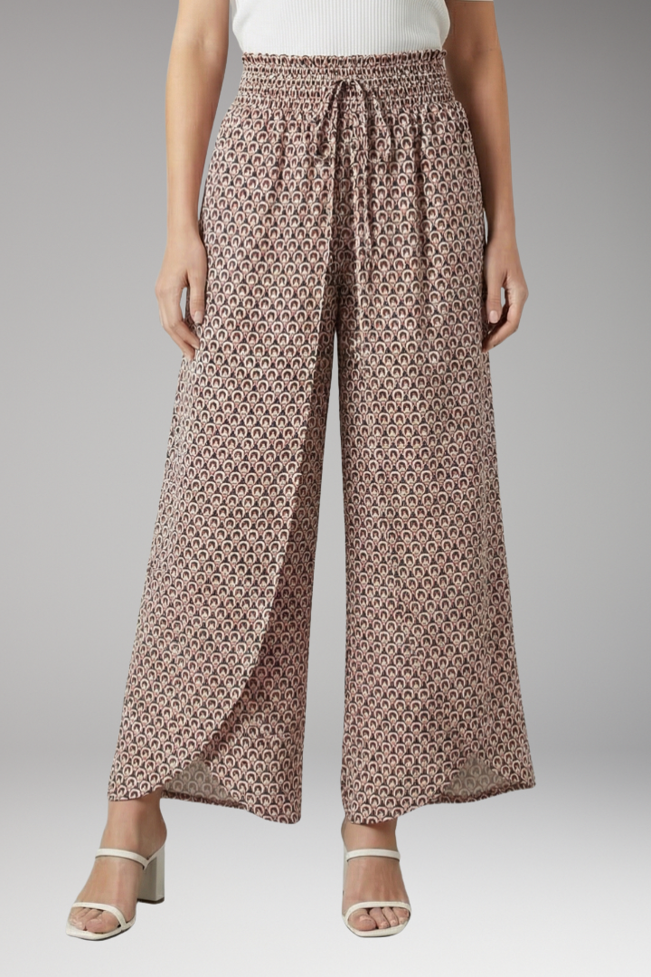 Women's Palazzo Trousers with Elastic Waist and Pattern
