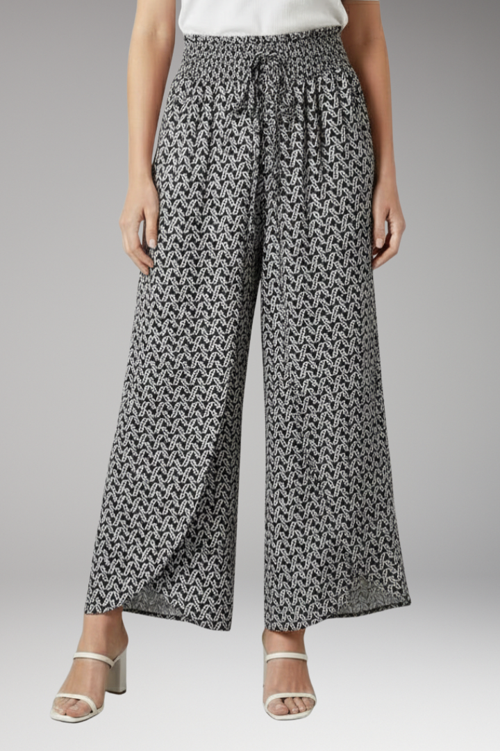 Women's Palazzo Trousers with Elastic Waist and Pattern
